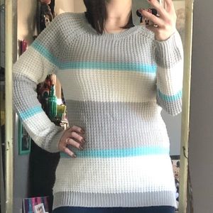 No Boundaries Striped Sweater Gray, blue & white